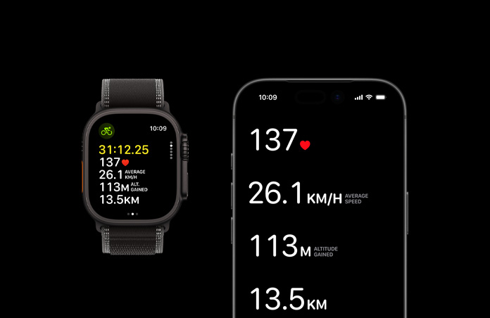 Apple Watch Ultra 3, black colour, titanium case, Trail Loop, black/charcoal colour,  iPhone, active workout metrics open on both devices