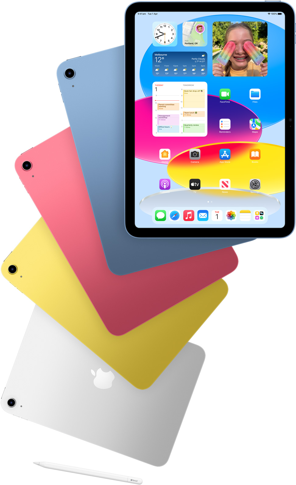 Front view iPad shows the Home Screen with blue, pink, yellow and silver rear-facing iPads models. An Apple Pencil sits near the arranged iPad models.