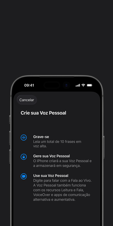 Tela do iPhone 16 Pro exibindo o recurso Voz Pessoal com instruções para criar uma voz personalizada.