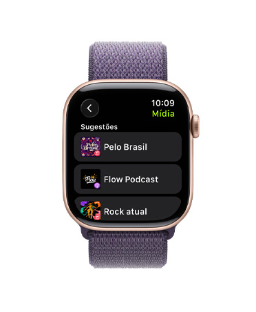 Apple Watch Series 11, cor de ouro rosa, caixa de alumínio, Apple Music, sugestões de músicas e podcasts, lateral direita, Digital Crown, pulseira loop esportiva roxo-névoa