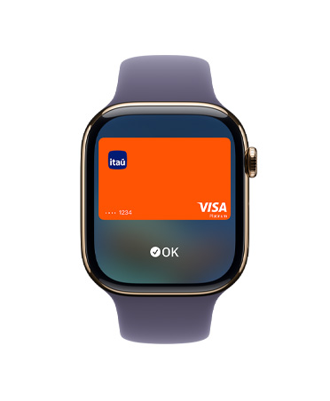 Apple Watch Series 11 com caixa dourada de titânio e pulseira esportiva roxo-névoa, Apple Pay, Digital Crown no lado direito