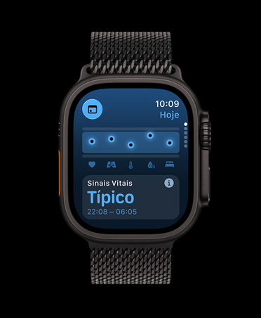 Apple Watch Ultra 3, caixa preta de titânio, app Sinais Vitais, gráfico de pontuação de saúde, notificação de valores atípicos de Sinais Vitais Noturnos, pulseira, pulseira estilo milanês preta
