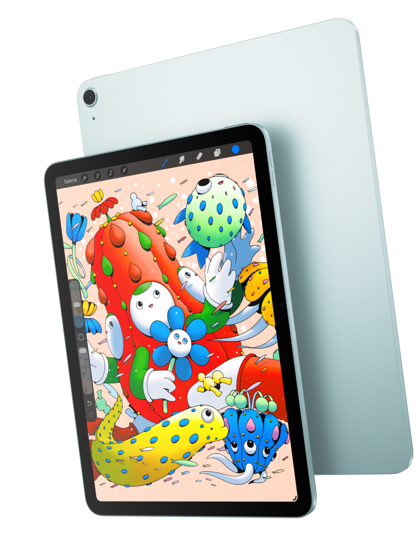 Imagem da parte da frente do iPad Air mostrando o modelo de 11 polegadas com o app Procreate que se sobrepõe à parte de trás de um iPad Air azul