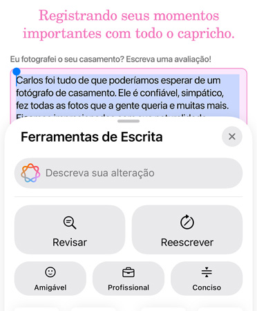 Recurso Ferramentas de Escrita em uso, com as opções Revisar, Reescrever, Amigável, Profissional e Conciso