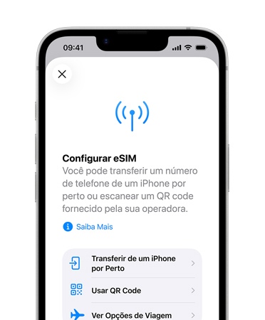Parte da frente do iPhone 17 mostrando o recurso Configurar Dados Celulares para transferir facilmente um número de telefone com o eSIM