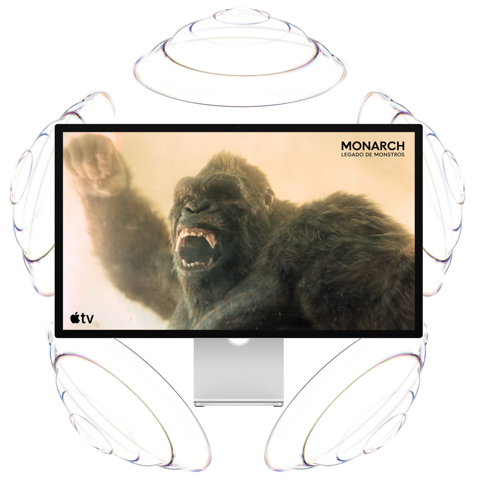 Promoção do Apple TV, título: Monarch: Legado de Monstros, King Kong segura um punho no ar e rosna