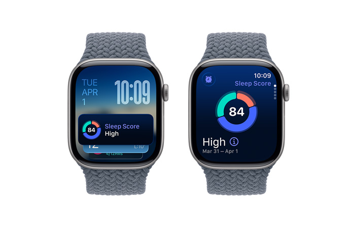 Apple Watch Series 11, space grey colour, aluminum case, sleep score notification, right side exterior, Digital Crown, Braided Solo Loop, anchor blue colour
