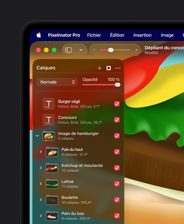 Outils de calques et d’ajustement de Pixelmator Pro, image d’un hamburger pour un dépliant