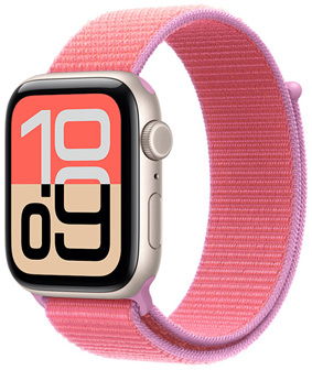 Apple Watch SE 3, boîtier en aluminium, comète, cadran Flux, côté droit, couronne Digital Crown, microphone, bouton latéral, bracelet sport à rabat, rose goyave (rose vif avec bordures lavande), fermeture à rabat