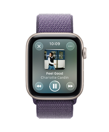 Apple Watch SE 3, boîtier en aluminium, comète, lecture multimédia, Apple Music, côté droit, Digital Crown, bracelet, sport à rabat, brume violette