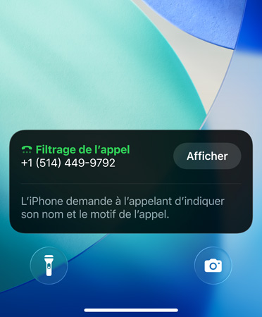 App d’iPhone montrant la fonctionnalité de filtrage d’appels en cours d’utilisation