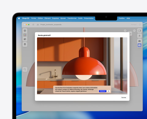 Écran d’Image Playground montrant l’image d’une lampe suspendue et le texte du générateur d’image par IA