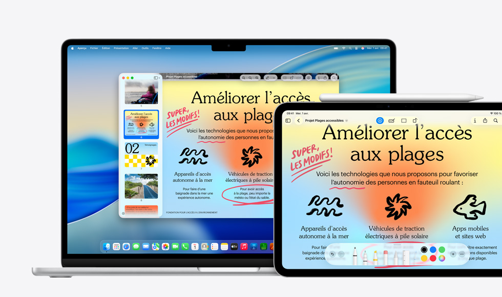 Plusieurs appareils Apple, la même image sur chaque écran, un Apple Pencil a été utilisé pour annoter l’image sur iPad, les annotations s’affichent aussi sur les autres appareils