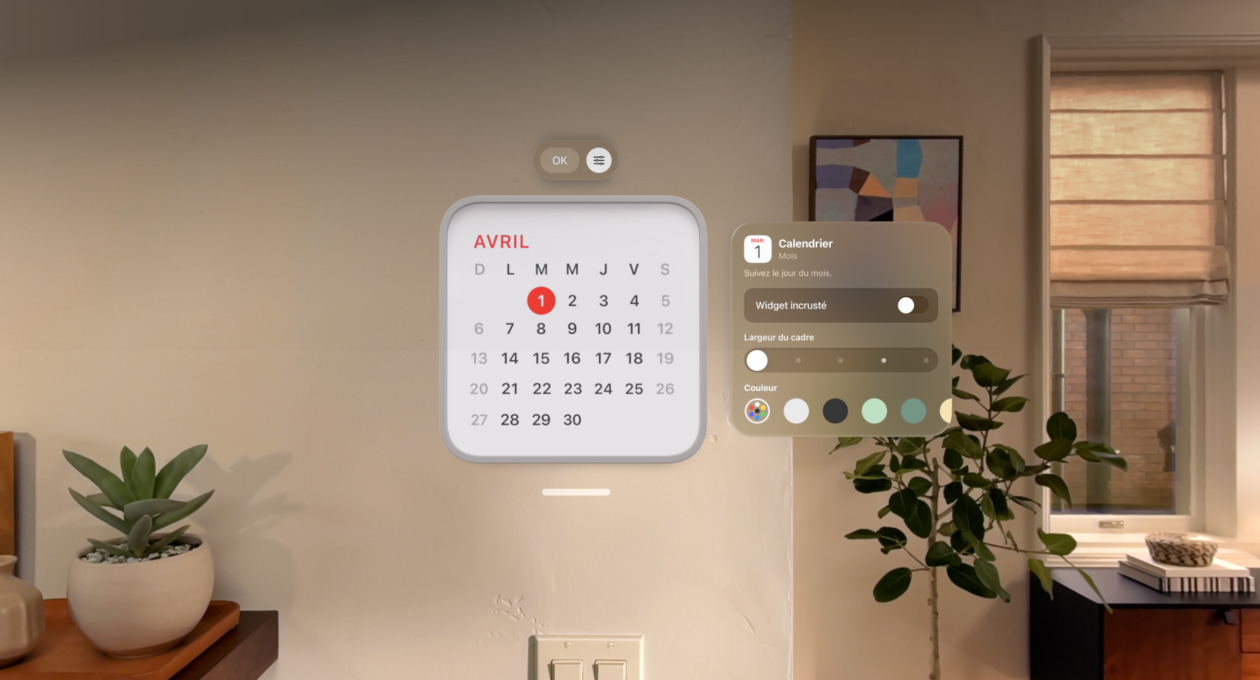 Le widget Calendrier indiquant le premier avril flotte sur le mur, le widget Rappels s’affiche au-dessus, et des options de personnalisation de l’épaisseur et de la couleur du cadre figurent à droite