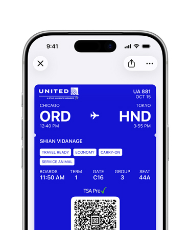 iPhone, top half of screen, showing a boarding pass stored in the Wallet app