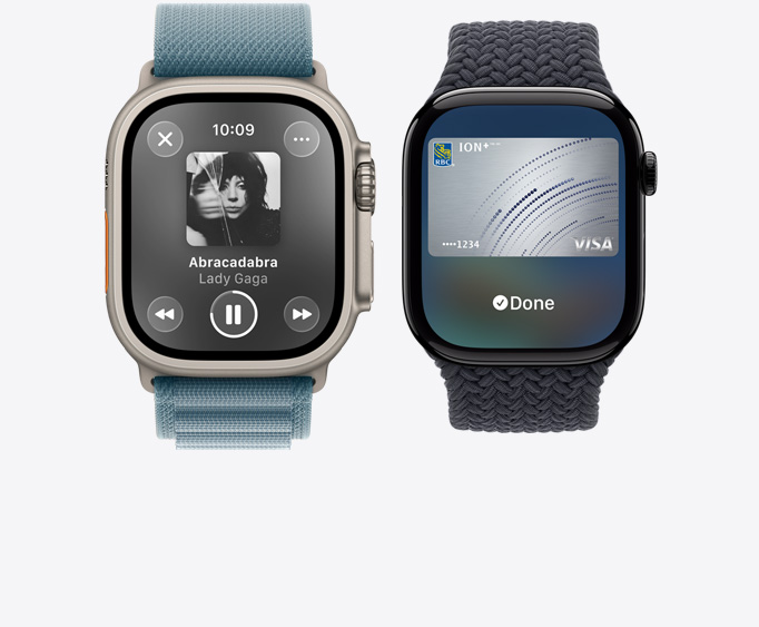 Apple Watch Ultra 3, titanium case, natural colour, Apple Music app, now playing screen, Apple Watch Series 11, aluminum case, polished jet black colour, Apple Pay screen, Apple Card