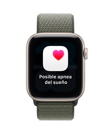 Apple Watch SE 3, caja de aluminio, blanco estelar, app Signos Vitales, gráfica con puntajes de salud, notificación de valores anómalos de signos vitales nocturnos, parte lateral derecha, Digital Crown, correa loop deportiva, color bosque