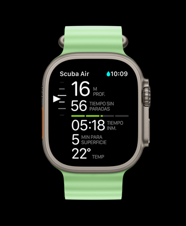 Apple Watch Ultra 3, color natural, caja de titanio, métricas de buceo de Oceanic+: profundidad, límite de descompresión, tiempo de inmersión, minutos hasta la superficie, temperatura del agua, correa Ocean, verde neón