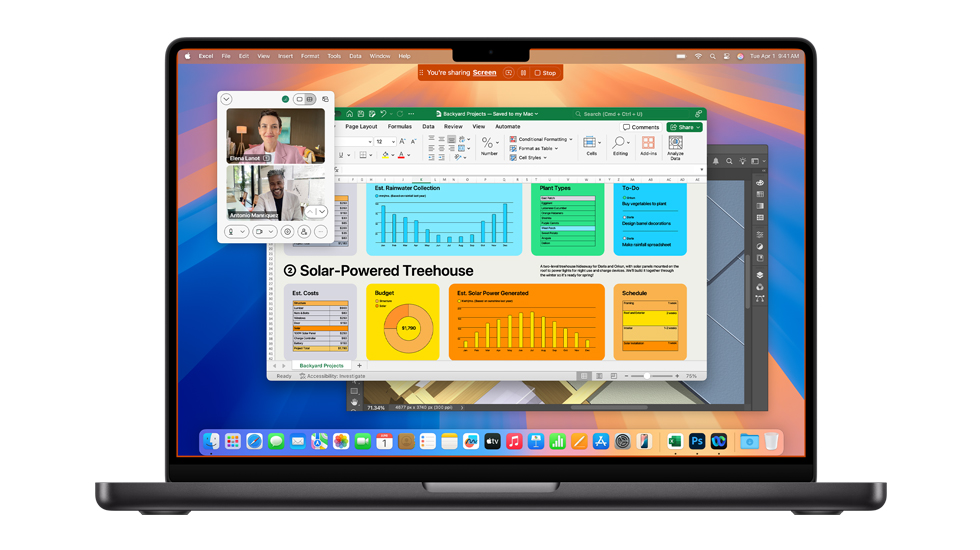 Se muestra un Mac con varias apps abiertas, como Zoom y Excel.