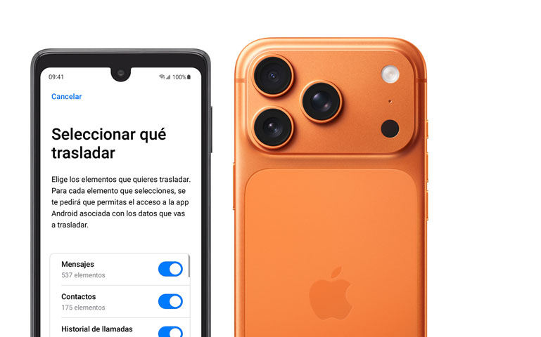 Un dispositivo al lado del otro, pantalla de un teléfono Android que muestra la app Trasladar a iOS, iPhone 17 Pro, parte trasera, sistema de cámaras Pro Fusion, 3 lentes, micrófono, flash