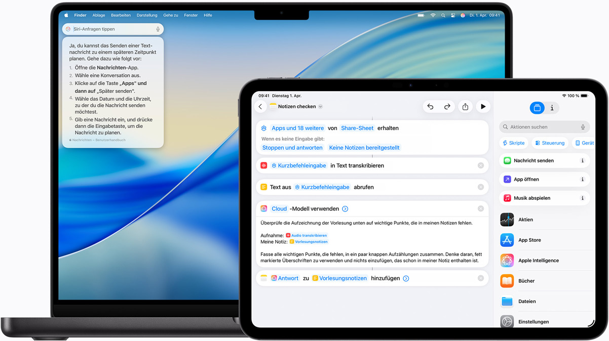 Ein Mac zeigt Siri Anfragen tippen und ein iPad zeigt einen Kurzbefehl, in den Apple Intelligence integriert wurde.