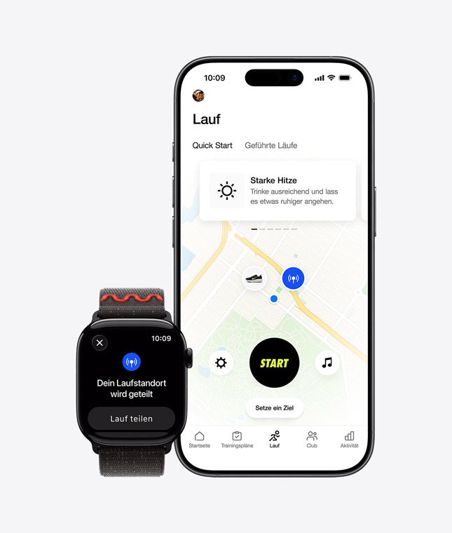 Apple Watch Series 11, Standortfreigabe auf dem Display, iPhone 17, Nike Run Club App zeigt Laufroute auf einer Karte