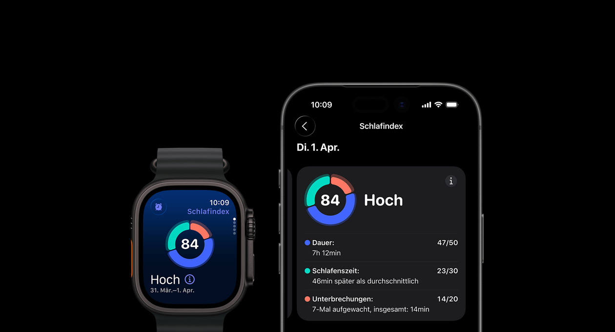 Kreisdiagramm und Bewertung zum Schlafindex auf der Apple Watch Ultra 3, genaue Analyse wird auf gekoppeltem iPhone angezeigt