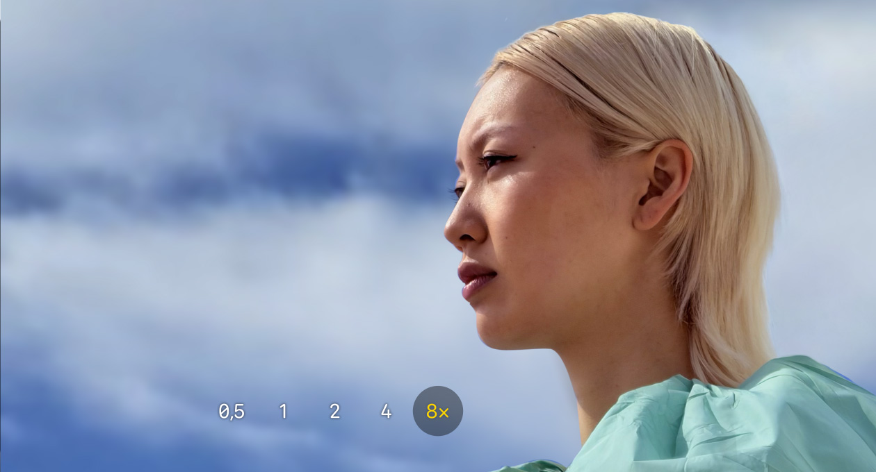 Die iPhone 17 Pro Kamera App mit optischem Zoom 0,5x, 1x, 2x, 4x und 8x, wobei 8x ausgewählt ist.