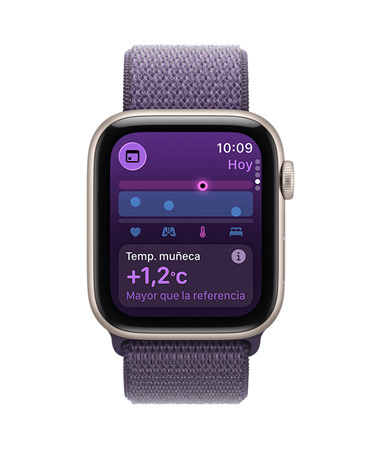 Apple Watch SE 3, caja de aluminio, color blanco estrella, app Constantes Vitales, resumen de salud, notificación de valores atípicos, lateral derecho, Digital Crown, correa Loop deportiva, color niebla lila