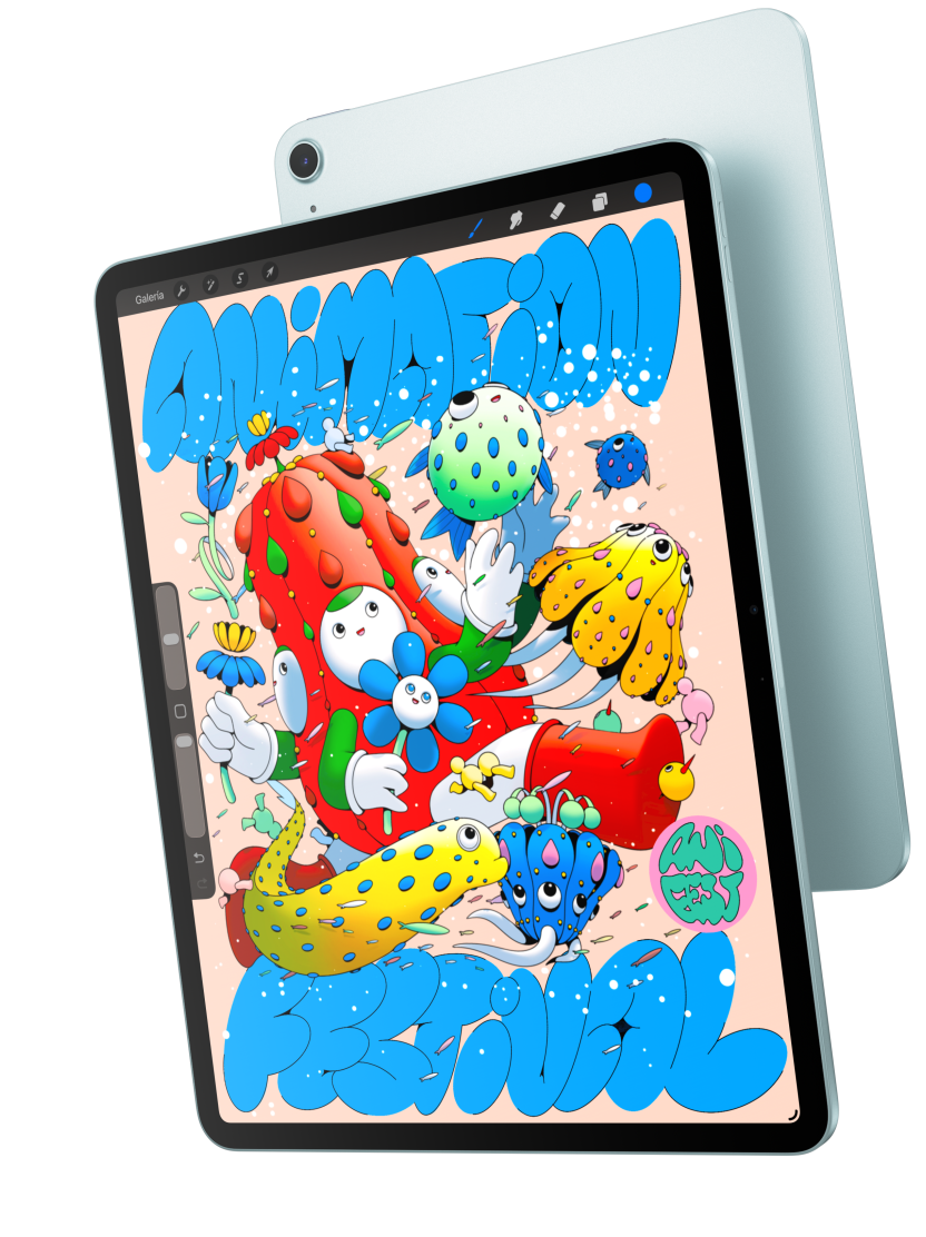 Parte delantera exterior, iPad Air de 13 pulgadas que muestra la app Procreate y se solapa con la parte trasera exterior de un iPad Air azul