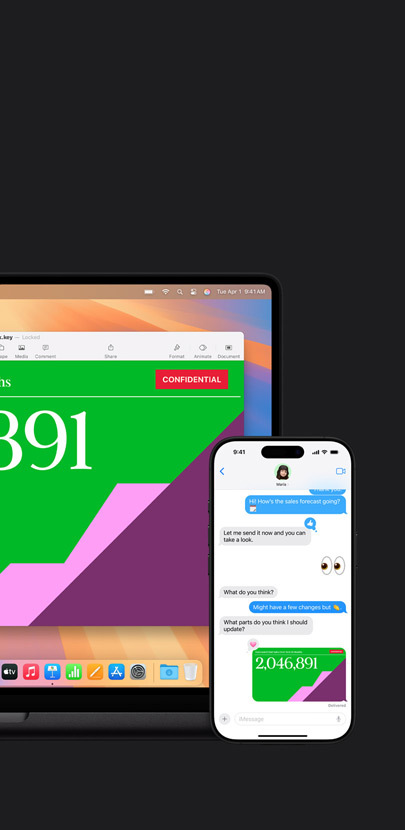 En Mac med en præsentation. Foran Mac-computeren er der en iPhone med en beskedudveksling og en delt præsentation.