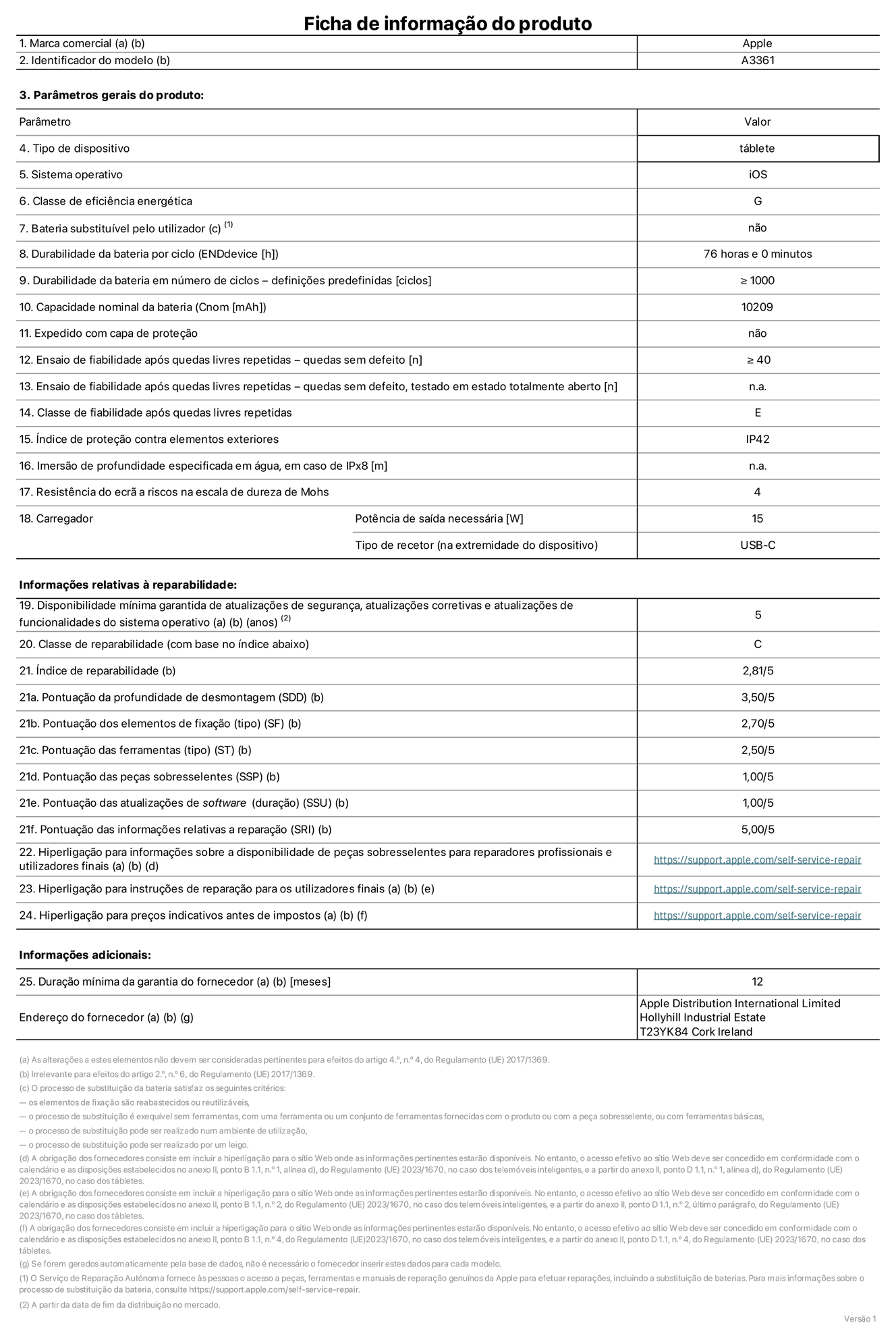 Folha de informações do produto para o iPad Pro de 13 polegadas (M5) (Wi-Fi + Cellular), modelo A3361. Fornecido pela Apple Distribution International Limited, Hollyhill Industrial Estate. Cork, Irlanda T23 YK84. Tipo de dispositivo: tablet. Sistema operativo: iOS. Classe de eficiência energética: G. Bateria substituível pelo utilizador: não. Autonomia da bateria por ciclo: 76 horas. Autonomia da bateria em ciclos - pré‑configurações: igual ou superior a 1000. Capacidade nominal da bateria: 10 209 miliamperes-hora. Enviado com capa protetora: não. Teste de fiabilidade após quedas livres sucessivas - quedas sem defeito: número igual ou superior a 40. Teste de fiabilidade após quedas livres sucessivas - quedas sem defeito testadas no estado totalmente aberto: não aplicável. Classe de fiabilidade após quedas livres sucessivas: E. Índice de proteção contra elementos exteriores: IP42. Imersão de profundidade especificada em água, em caso de IPx8: não aplicável. Resistência do ecrã a riscos na escala de dureza de Mohs: 4. Potência de saída necessária do carregador: 15 watts. Tipo de recetor do carregador (na extremidade do dispositivo): USB-C. Disponibilidade mínima garantida de atualizações de segurança, atualizações corretivas e atualizações de funcionalidades do sistema operativo: 5 anos. Classe de reparabilidade: C. Índice de reparabilidade: 2,81/5. Pontuação da profundidade de desmontagem (SDD): 3,50/5. Pontuação dos elementos de fixação: 2,70/5. Pontuação das ferramentas: 2,50/5. Pontuação das peças sobresselentes: 1,00/5. Pontuação das atualizações de software: 1,00/5. Pontuação das informações relativas a reparação: 5,00/5. Hiperligação para informações sobre a disponibilidade de peças sobresselentes para reparadores profissionais e utilizadores finais: https://support.apple.com/self-service-repair. Hiperligação para instruções de reparação para utilizadores finais: https://support.apple.com/self-service-repair. Hiperligação para preços indicativos antes de impostos: https://support.apple.com/self-service-repair. Oferta de garantia geral de 12 meses.