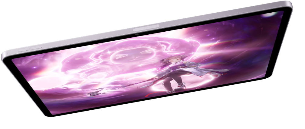 iPad Air in horizontale stand waarop een game te zien is, met nog twee iPad Air-modellen daaronder