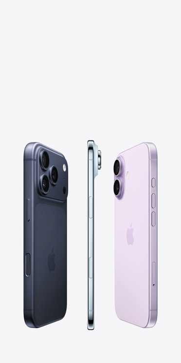 iPhone 17 Pro, achterkant, Pro Fusion-camerasysteem aan de bovenkant, iPhone Air, zijkant van superdun titanium, iPhone 17, achterkant, geavanceerd Dual Fusion-camerasysteem links bovenaan