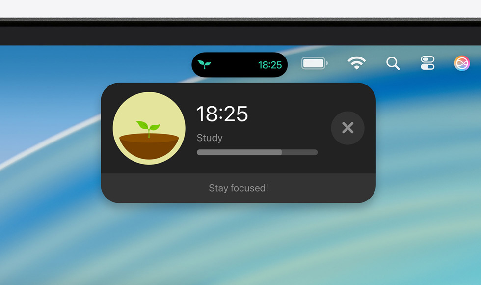 Oben auf dem Mac Bildschirm wird die Menüleiste angezeigt mit einer aufgeklappten Live Aktivität zu Forest