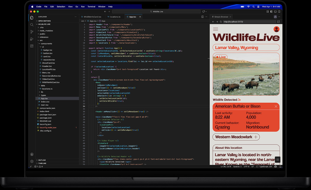 Écran de MacBook Pro affichant le codage d’une app à l’aide de Visual Studio Code