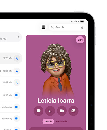 iPad, den främre högra delen av skärmen visar ett kontaktkort i appen Telefon med alternativ för bland annat att skicka ett meddelande och att ringa