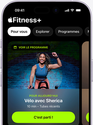 App Apple Fitness+ sur un iPhone affichant l’onglet Pour vous, avec une séance de vélo recommandée