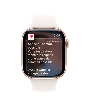 Apple Watch Series 11, couleur or rose, boîtier en aluminium, notification d’apnée du sommeil développée, côté droit, Digital Crown, Bracelet Sport, couleur rose tendre