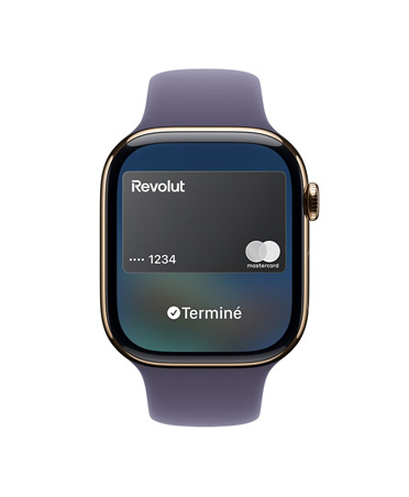 Apple Watch Series 11, couleur or, boîtier en titane, Apple Pay, côté droit, Digital Crown, Bracelet Sport brume violette