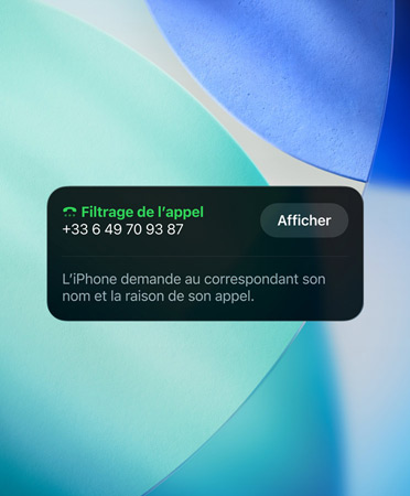 Un widget d’app iPhone présente la fonctionnalité de filtrage lors d’un appel entrant, avec, en fond d’écran, la photo d’une chaîne de montagnes