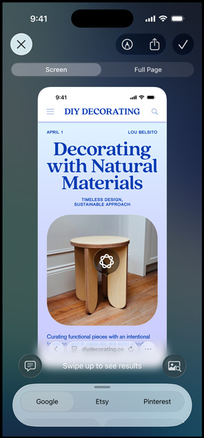 iPhone displaying a DIY Decorating article with a wooden stool image, alongside Google, Etsy, and Pinterest tabs.