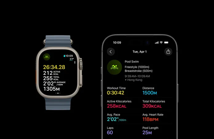 Apple Watch Ultra 3, natural color, titanium case, Ocean Band, anchor blue color, active Swim workout, larger workout metrics breakdown on iPhone