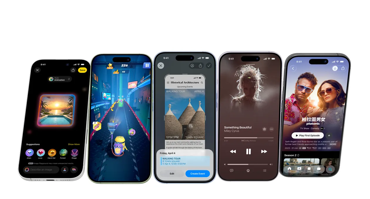 多部不同顏色的 iPhone 17 裝置，螢幕上顯示各式的 app