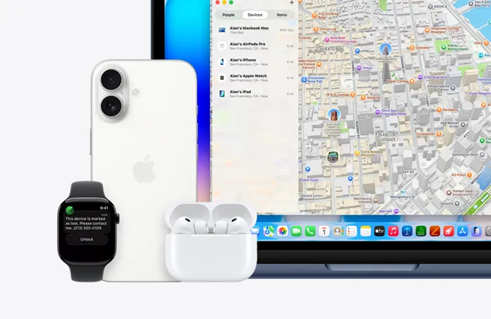 Apple&nbsp;Watch，螢幕上顯示文字「This&nbsp;device&nbsp;is&nbsp;marked&nbsp;as&nbsp;lost, please&nbsp;contact&nbsp;me」並列出電話號碼，旁邊放著 iPhone、AirPods&nbsp;Pro，以及螢幕顯示尋找 app 的靛藍色 MacBook&nbsp;Neo，app 畫面是地圖、裝置列表及定位