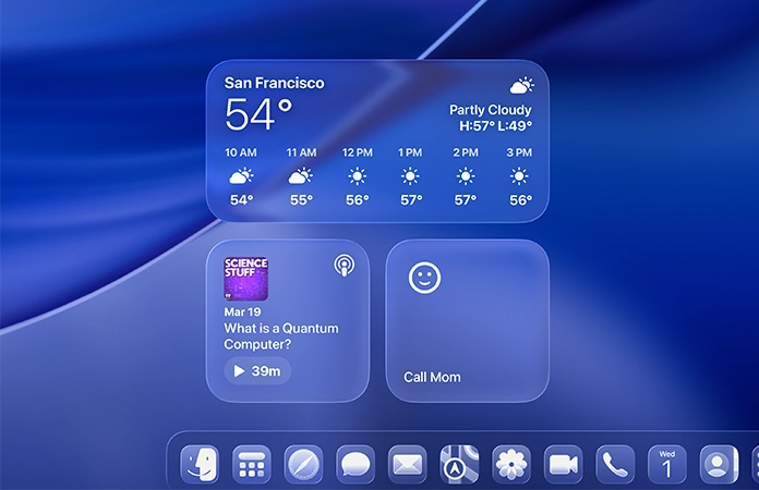 macOS Tahoe 畫面展示 Liquid Glass 設計的天氣、Podcast 和提醒事項小工具