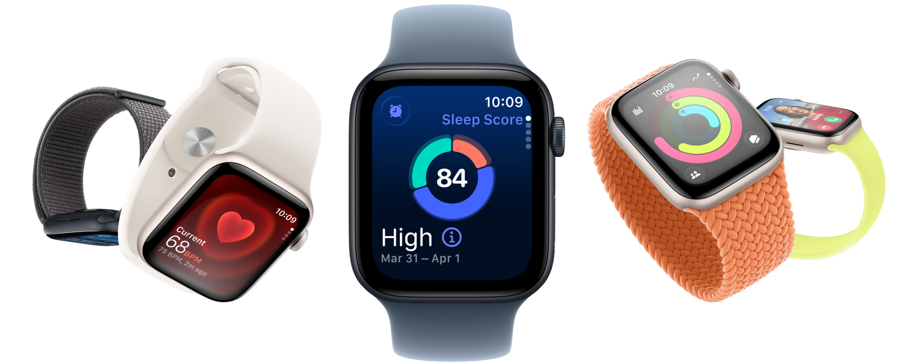 Apple Watch SE 3 csillagfény- és éjfekete színben választható alumíniumtokkal, a kijelzőn többek között a Vitális jelek app, a Pulzus­szám app, az Alvási pontszám, a Tevékenységgyűrűk, illetve egy bejövő hívás