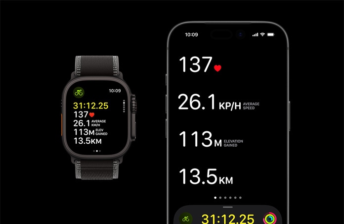 Éppen zajló edzés adatai Apple Watch Ultra 3-on és iPhone-on