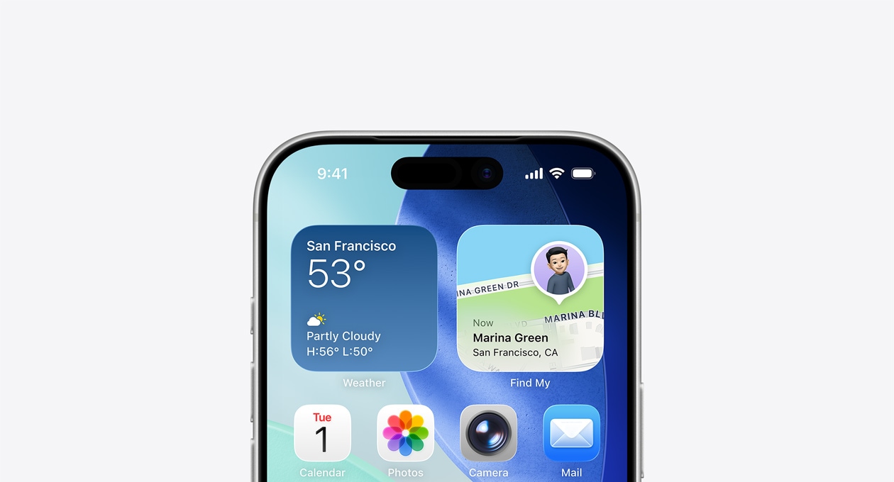 Egy iPhone kijelzőjének felső része a főképernyővel, amelyen az Időjárás és a Lokátor widget látható a felső sorban