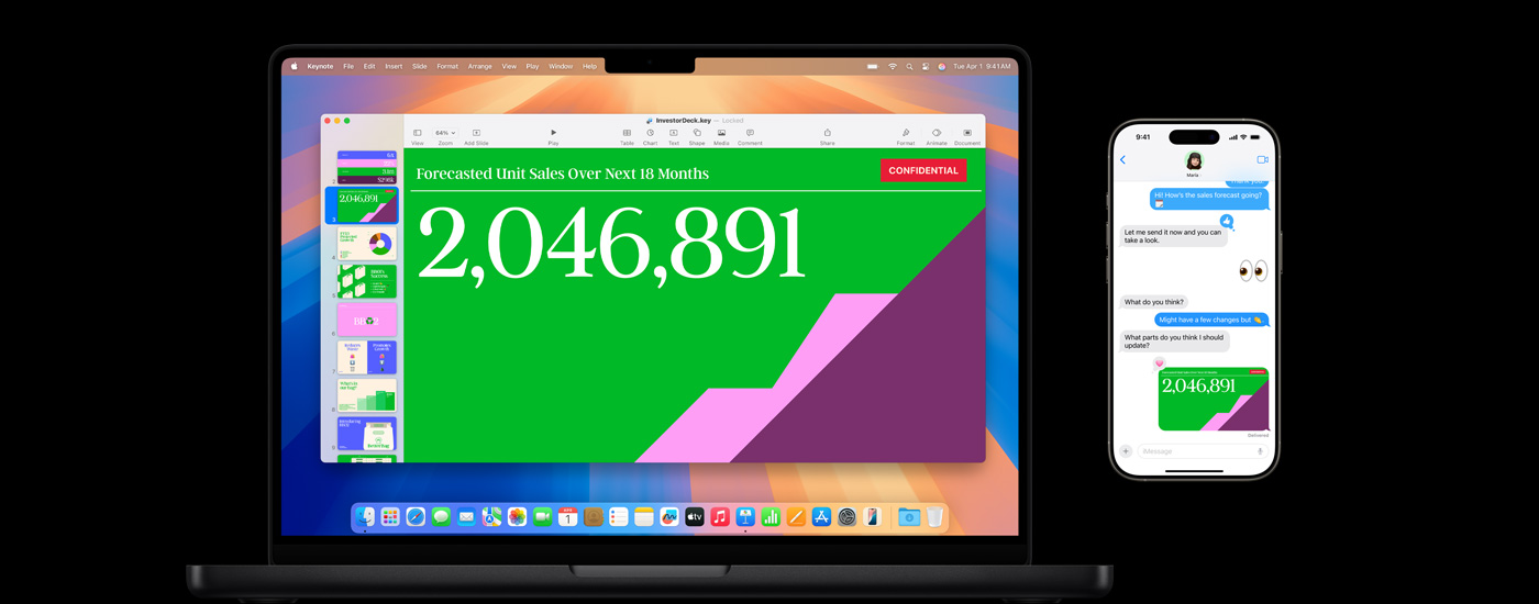 Presentasi yang ditampilkan di layar Mac dan komunikasi teks yang ditautkan ke presentasi tersebut.